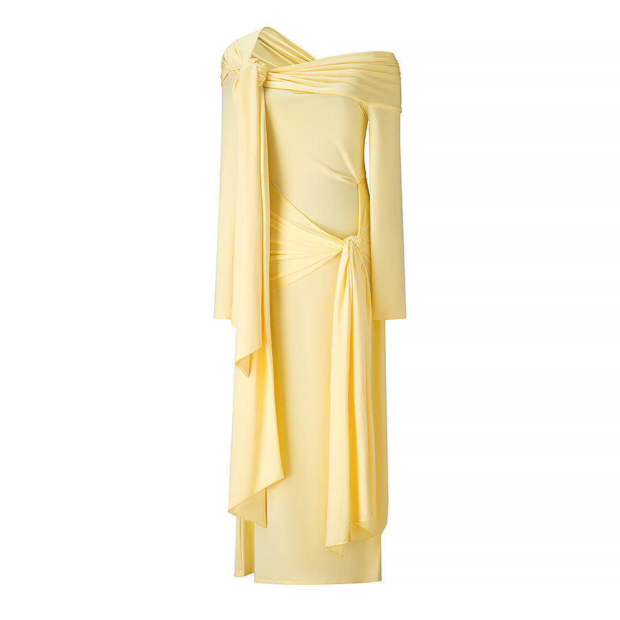 Becca Asymmetric Draped Long Sleeve Maxi Dress