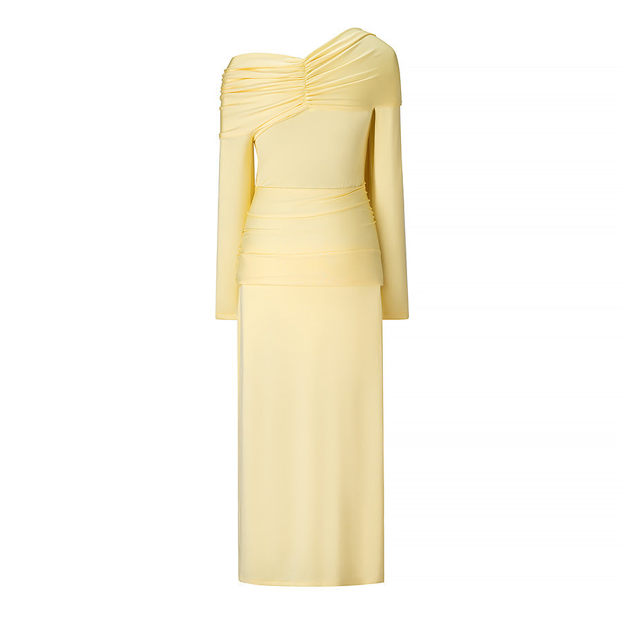 Becca Asymmetric Draped Long Sleeve Maxi Dress